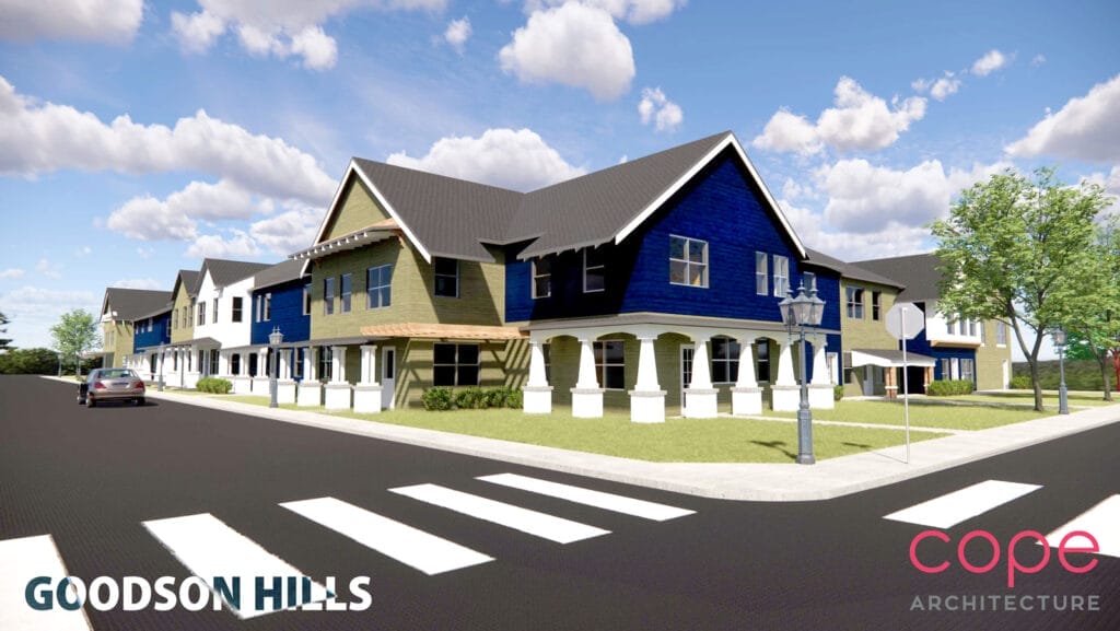 Architectural rendering of Goodson Hills, an upcoming affordable housing community in Bristol, VA, developed by Beyond Housing and designed by Cope Architecture.